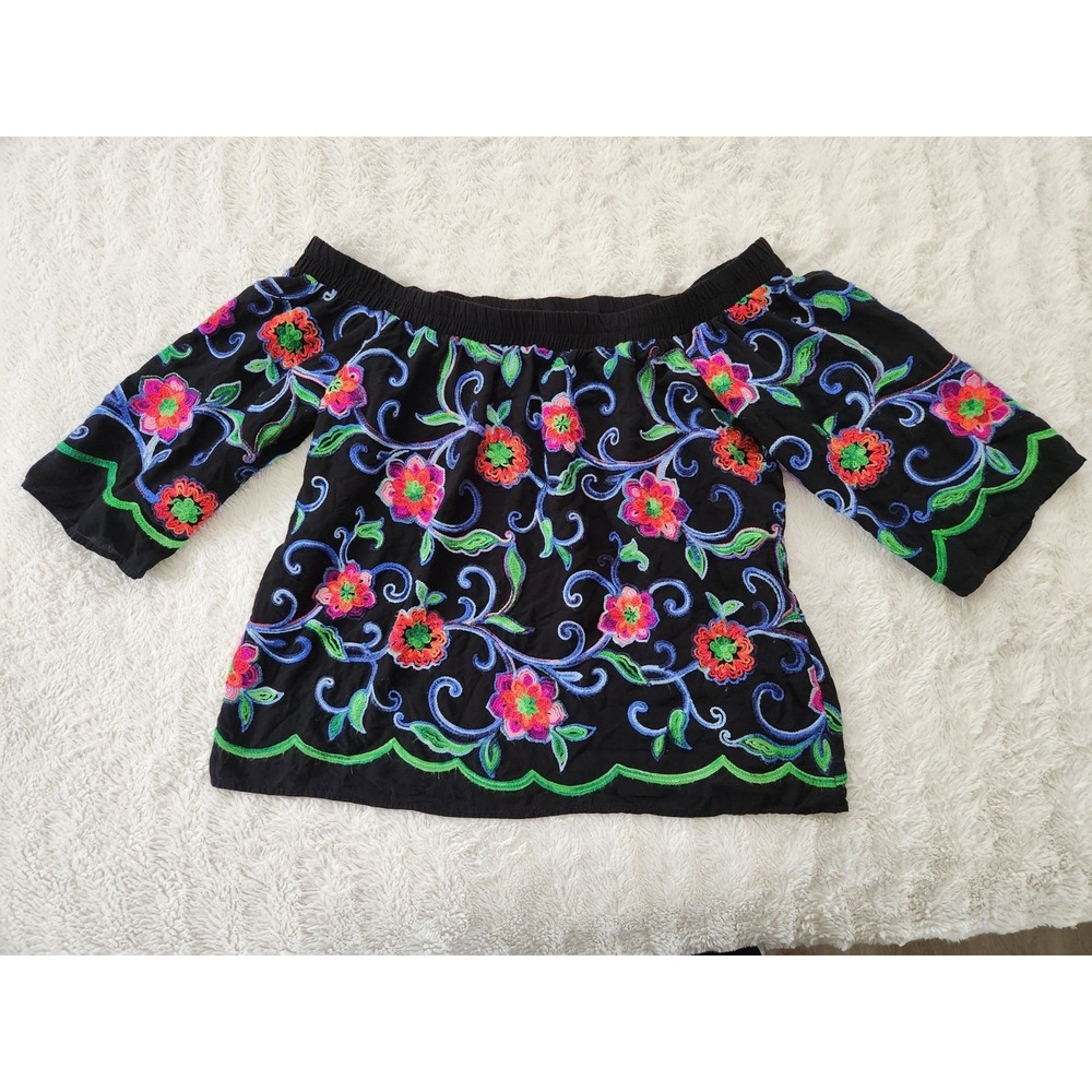 Karen Kane Top Small Black Embroidered Floral Off Shoulder Boho Peasant